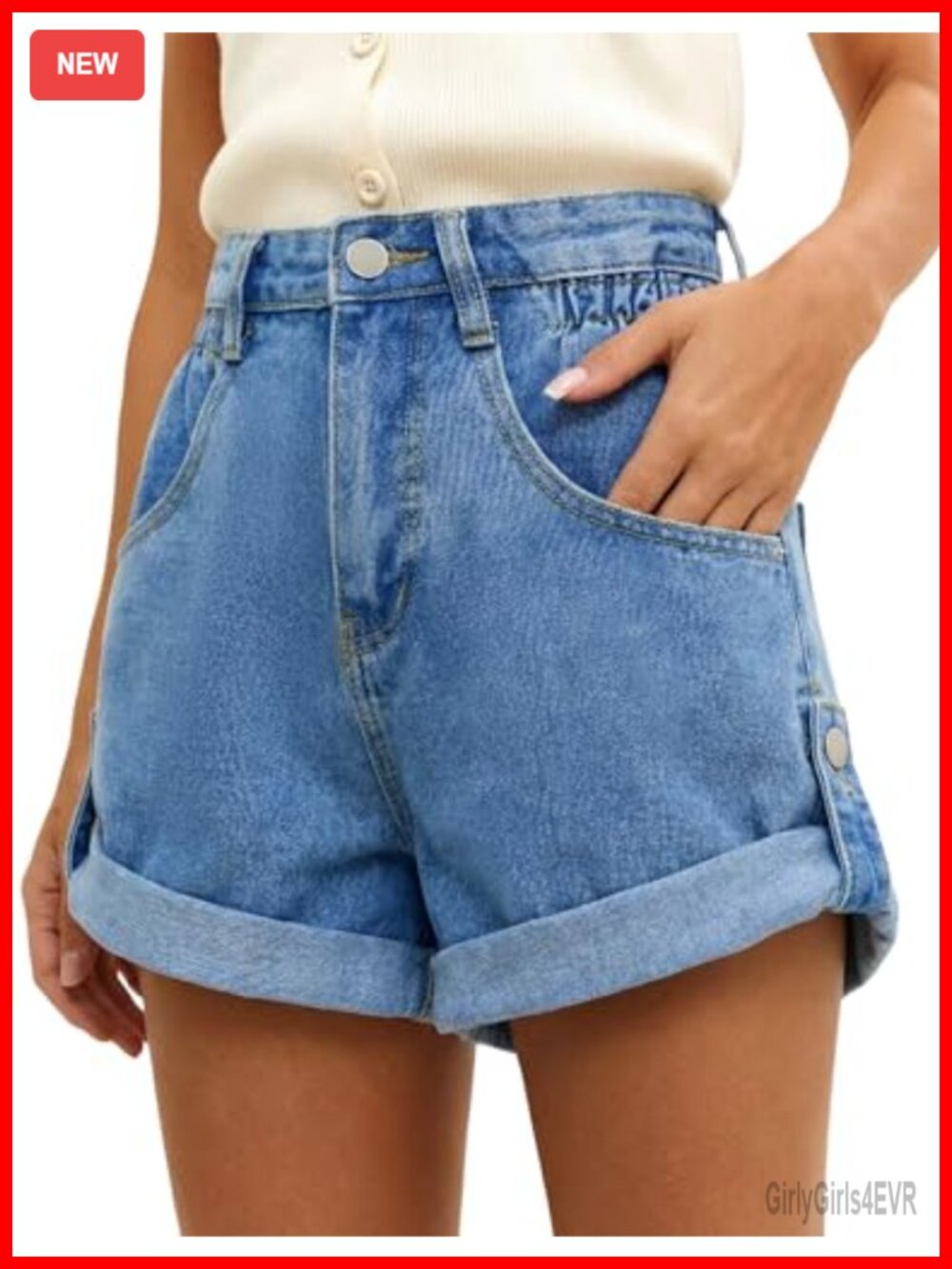 High Waisted Stretchy Denim Shorts with Pockets Convertible Rolled Hem